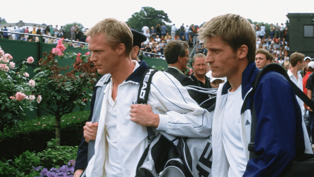 Paul Bettany and Nikolaj Coster-Waldau in "Wimbledon"