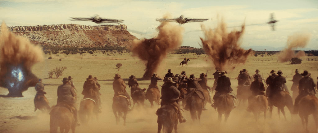 A shot featuring both cowboys and aliens in "Cowboys & Aliens" (2011)