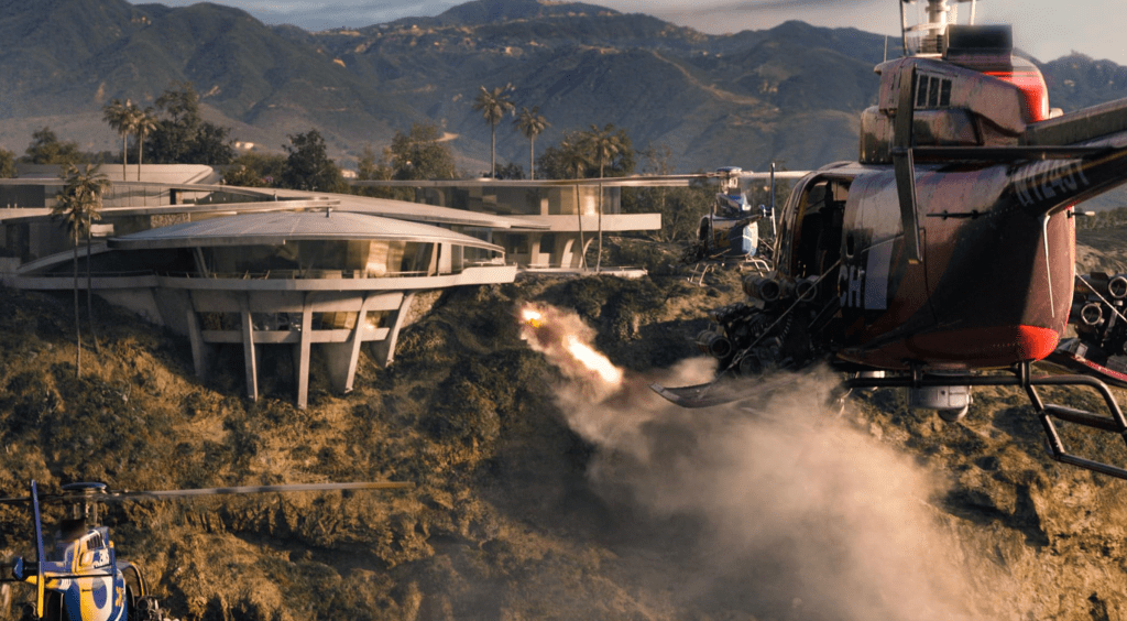 The Mandarin's helicopters blowing up Tony Stark's house in "Iron Man 3"