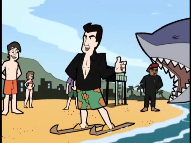 Still from "Clerks: The Animated Series", in which Fonzie has just jumped over a shark, which then eats Samuel L. Jackson's character from "Deep Blue Sea"