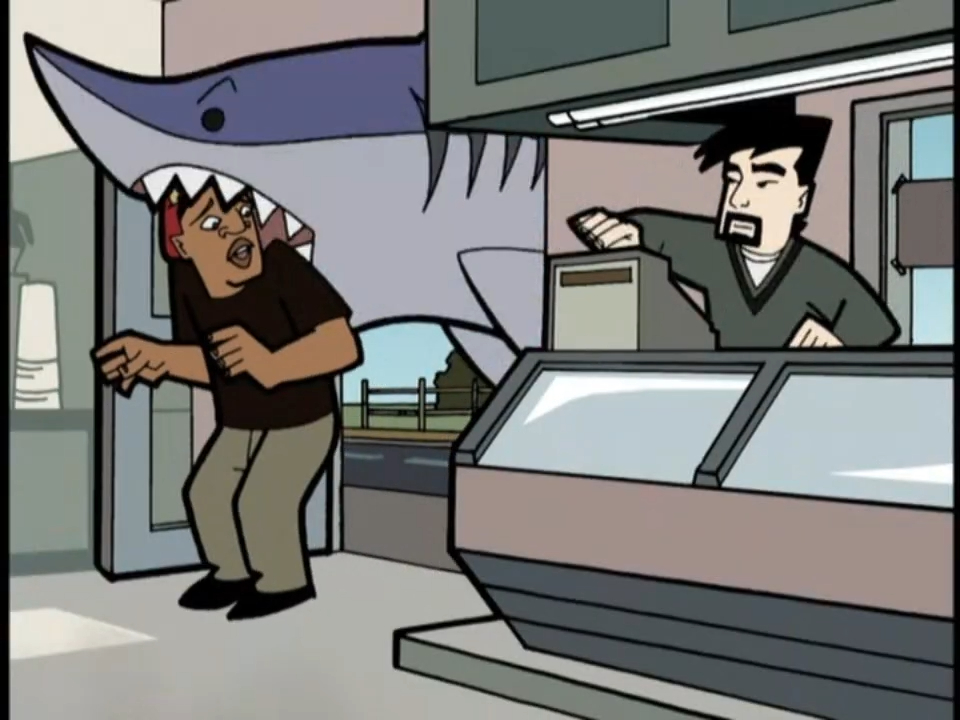 Still from "Clerks: The Animated Series", which inexplicably features Samuel L. Jackson's character from "Deep Blue Sea" getting eaten by a shark inside the Quick Stop